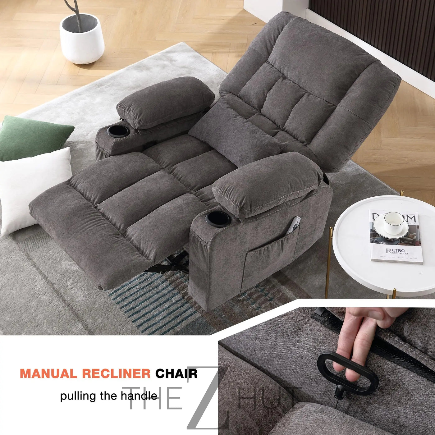 Massage Swivel Recliner Chair, Oversized Rocker Recliner with Vibration Massage and Lumbar Heat Ergonomic Rocker Chair for Living Room with Side Pocket, 2 Cup Holders, USB Charge Port THE Z HUT