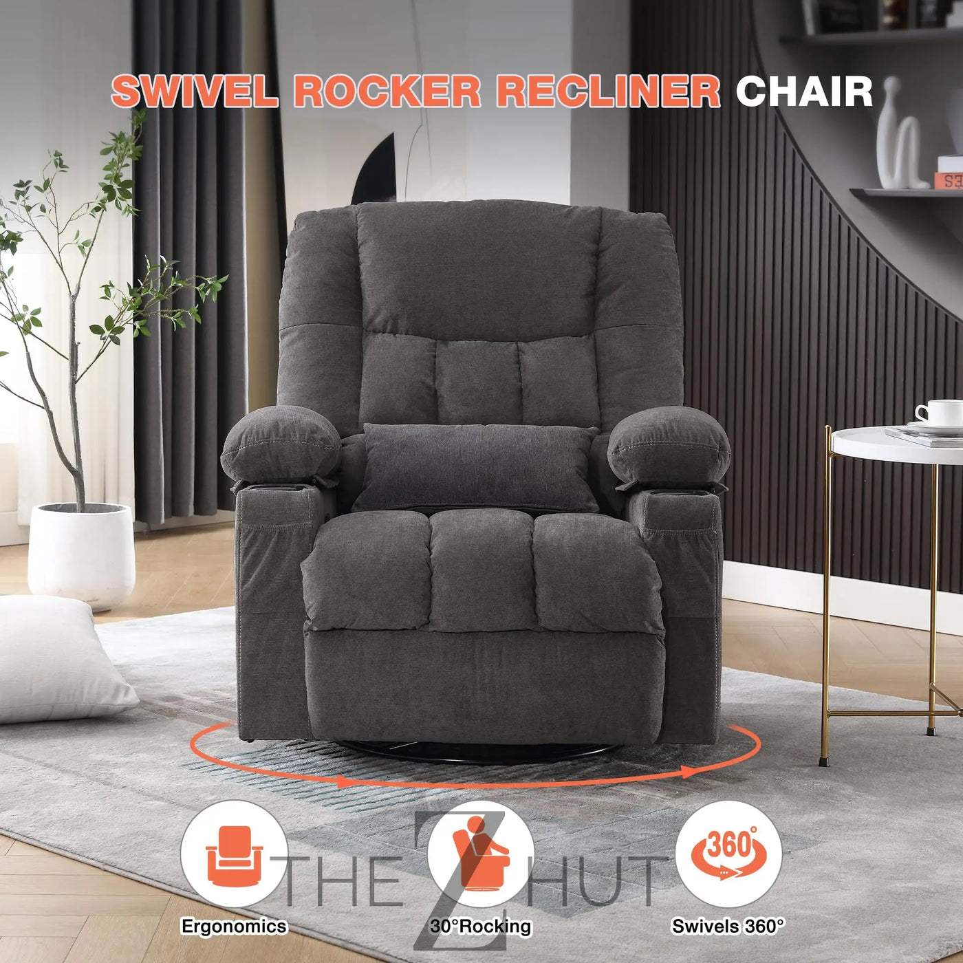 Massage Swivel Recliner Chair, Oversized Rocker Recliner with Vibration Massage and Lumbar Heat Ergonomic Rocker Chair for Living Room with Side Pocket, 2 Cup Holders, USB Charge Port THE Z HUT
