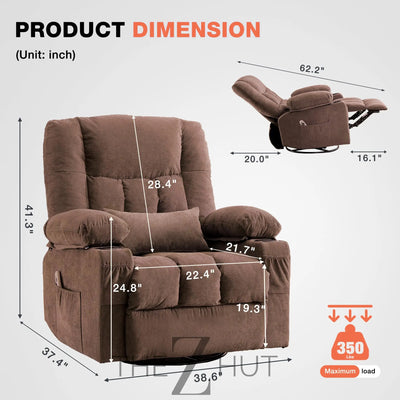 Massage Swivel Recliner Chair, Oversized Rocker Recliner with Vibration Massage and Lumbar Heat Ergonomic Rocker Chair for Living Room with Side Pocket, 2 Cup Holders, USB Charge Port THE Z HUT