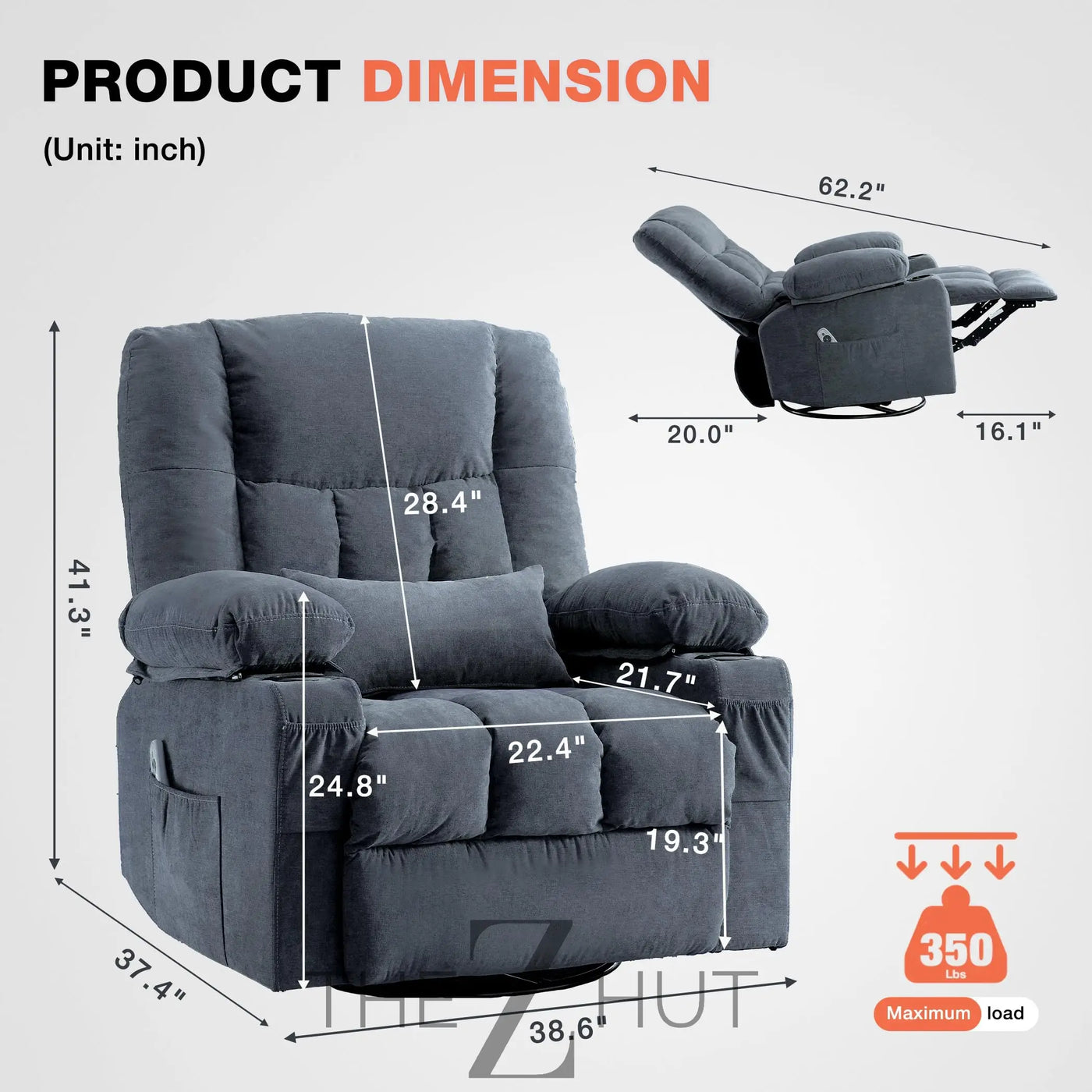 Massage Swivel Recliner Chair, Oversized Rocker Recliner with Vibration Massage and Lumbar Heat Ergonomic Rocker Chair for Living Room with Side Pocket, 2 Cup Holders, USB Charge Port THE Z HUT