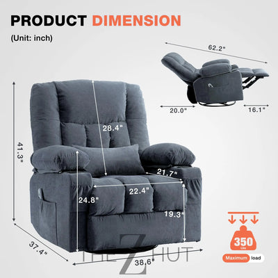Massage Swivel Recliner Chair, Oversized Rocker Recliner with Vibration Massage and Lumbar Heat Ergonomic Rocker Chair for Living Room with Side Pocket, 2 Cup Holders, USB Charge Port THE Z HUT