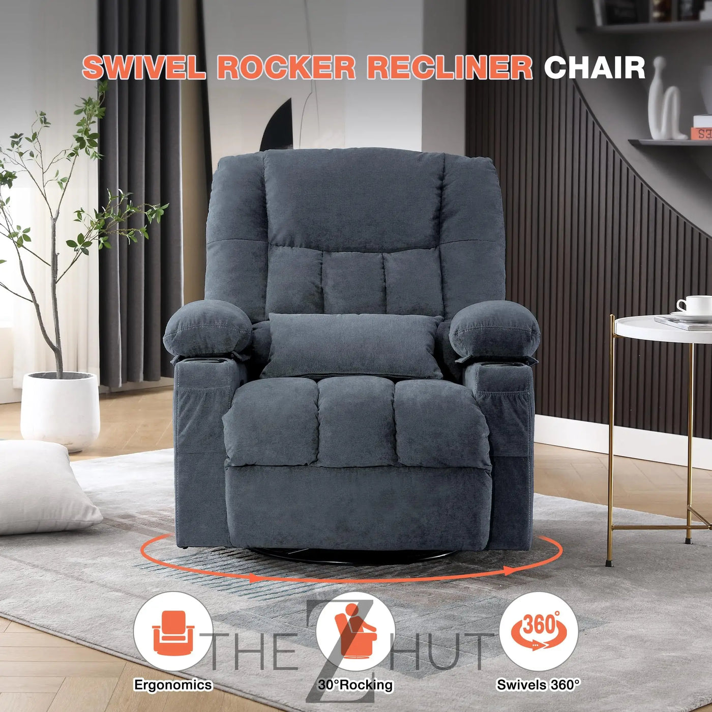 Massage Swivel Recliner Chair, Oversized Rocker Recliner with Vibration Massage and Lumbar Heat Ergonomic Rocker Chair for Living Room with Side Pocket, 2 Cup Holders, USB Charge Port THE Z HUT