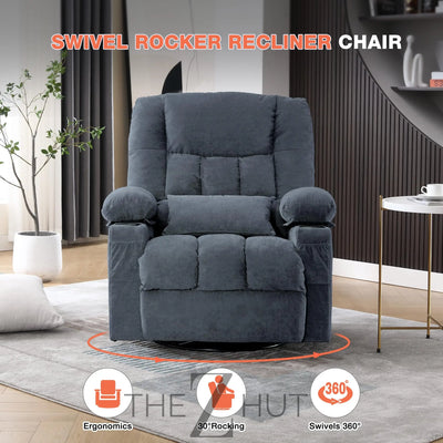 Massage Swivel Recliner Chair, Oversized Rocker Recliner with Vibration Massage and Lumbar Heat Ergonomic Rocker Chair for Living Room with Side Pocket, 2 Cup Holders, USB Charge Port THE Z HUT