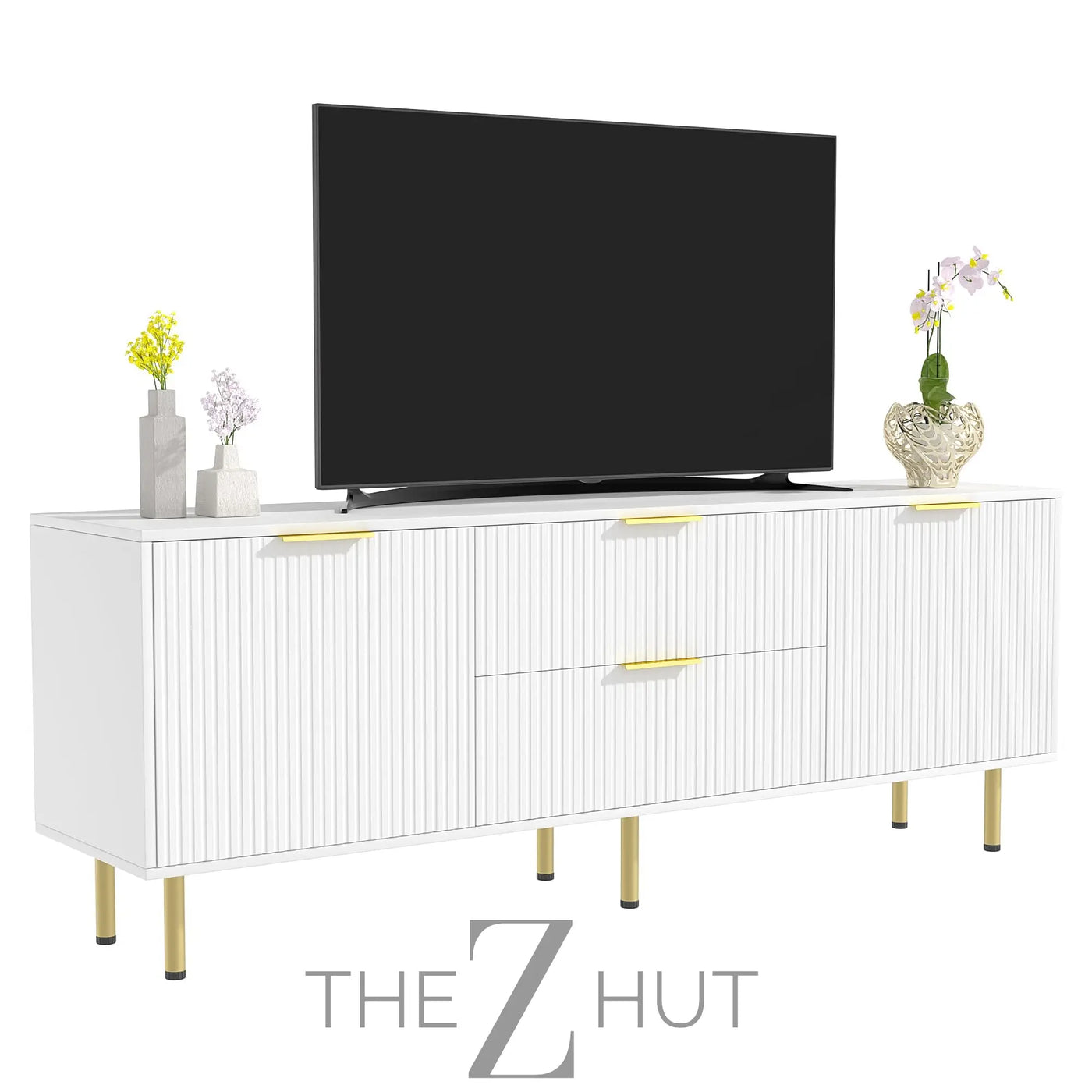 Mid Century Modern TV Stand for 80 Inch TV, Entertainment Center with 4 Large Drawers, TV Stand for Living Room, Media TV Console Table with Storage for Bedroom, White THE Z HUT