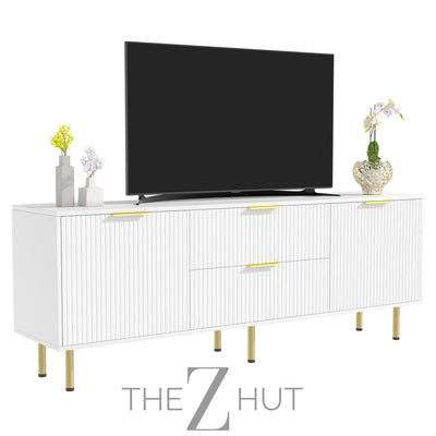 Mid Century Modern TV Stand for 80 Inch TV, Entertainment Center with 4 Large Drawers, TV Stand for Living Room, Media TV Console Table with Storage for Bedroom, White THE Z HUT