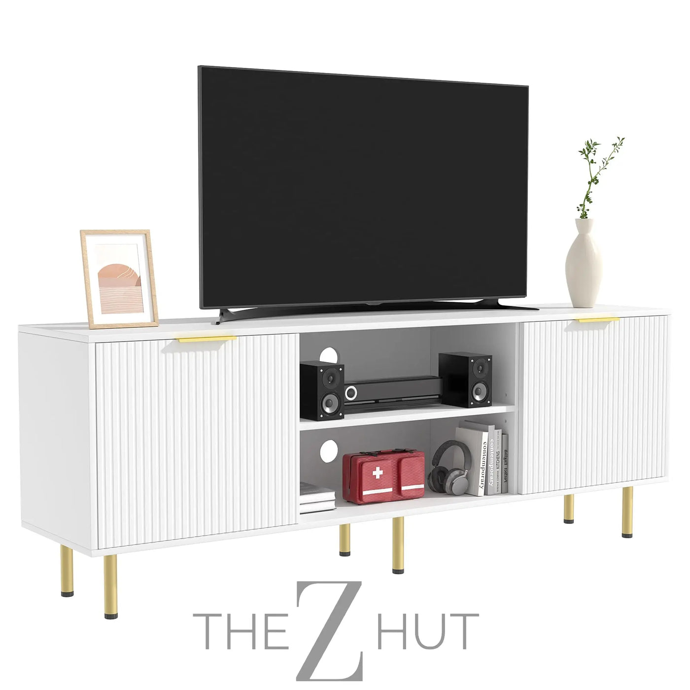 Mid Century Modern TV Stand for 80 Inch TV, Entertainment Center with 4 Large Drawers, TV Stand for Living Room, Media TV Console Table with Storage for Bedroom, White THE Z HUT