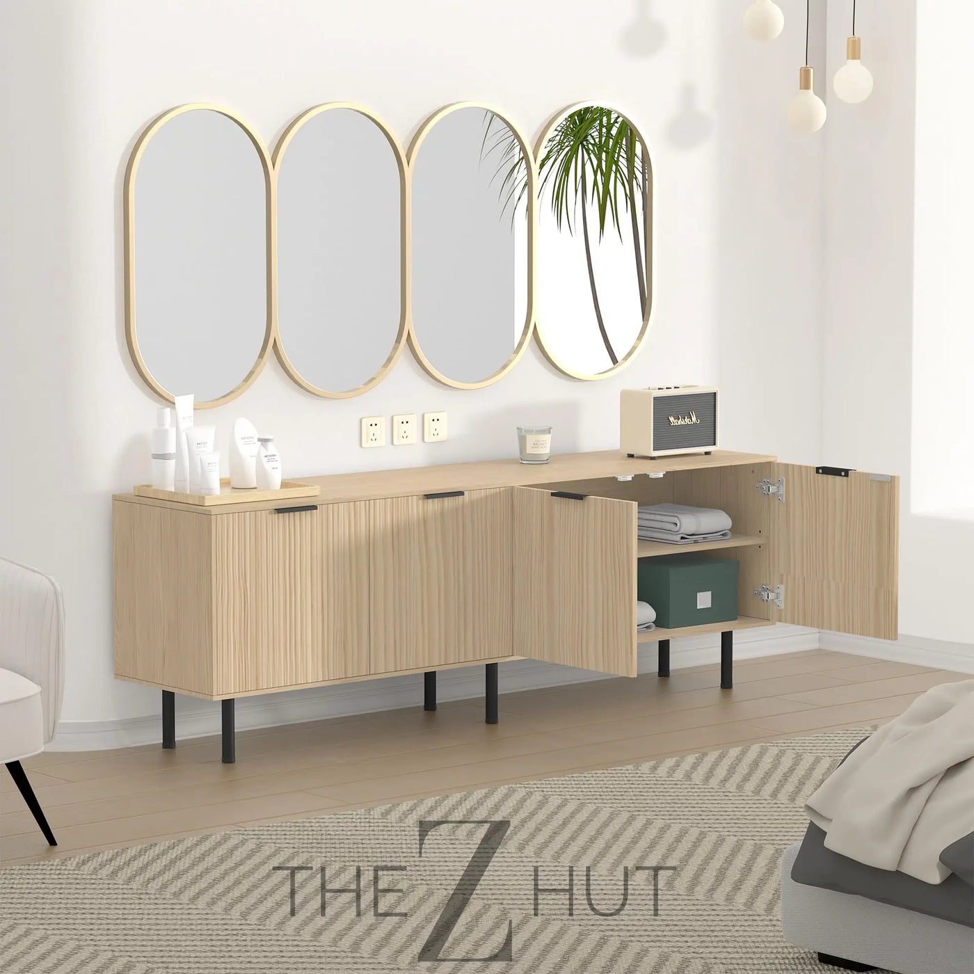 Mid Century Modern TV Stand for 80 Inch TV, Entertainment Center with 4 Large Drawers, TV Stand for Living Room, Media TV Console Table with Storage for Bedroom, White THE Z HUT
