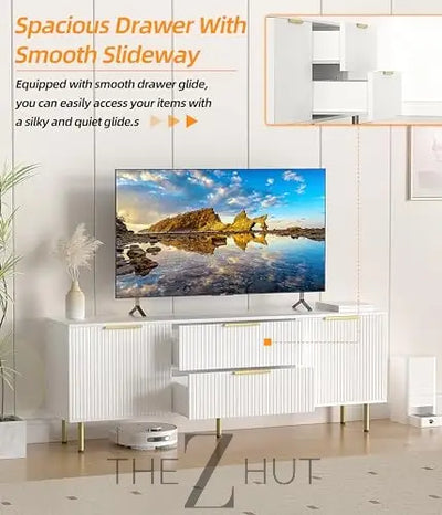 Mid Century Modern TV Stand for 80 Inch TV, Entertainment Center with 4 Large Drawers, TV Stand for Living Room, Media TV Console Table with Storage for Bedroom, White THE Z HUT