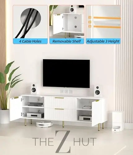Mid Century Modern TV Stand for 80 Inch TV, Entertainment Center with 4 Large Drawers, TV Stand for Living Room, Media TV Console Table with Storage for Bedroom, White THE Z HUT