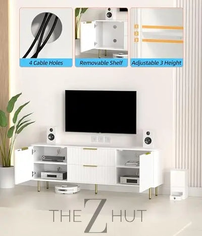 Mid Century Modern TV Stand for 80 Inch TV, Entertainment Center with 4 Large Drawers, TV Stand for Living Room, Media TV Console Table with Storage for Bedroom, White THE Z HUT