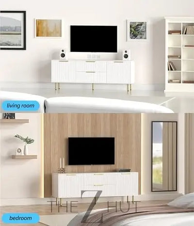 Mid Century Modern TV Stand for 80 Inch TV, Entertainment Center with 4 Large Drawers, TV Stand for Living Room, Media TV Console Table with Storage for Bedroom, White THE Z HUT