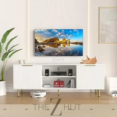 Mid Century Modern TV Stand for 80 Inch TV, Entertainment Center with 4 Large Drawers, TV Stand for Living Room, Media TV Console Table with Storage for Bedroom, White THE Z HUT