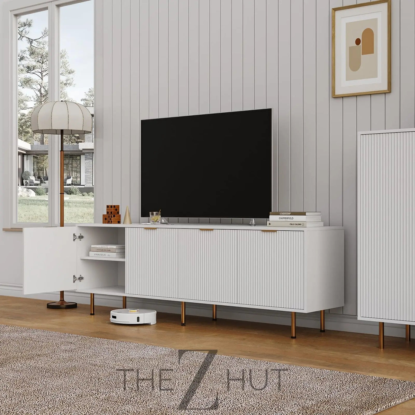 Mid Century Modern TV Stand for 80 Inch TV, Entertainment Center with 4 Large Drawers, TV Stand for Living Room, Media TV Console Table with Storage for Bedroom, White THE Z HUT