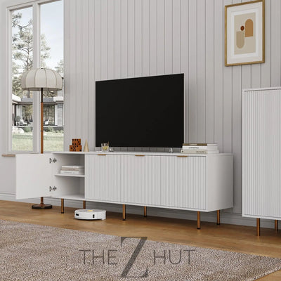 Mid Century Modern TV Stand for 80 Inch TV, Entertainment Center with 4 Large Drawers, TV Stand for Living Room, Media TV Console Table with Storage for Bedroom, White THE Z HUT