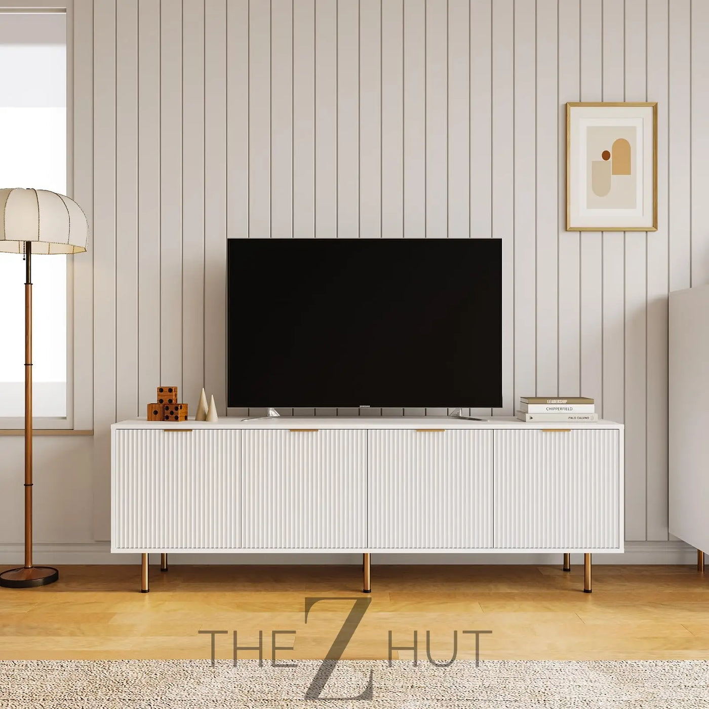 Mid Century Modern TV Stand for 80 Inch TV, Entertainment Center with 4 Large Drawers, TV Stand for Living Room, Media TV Console Table with Storage for Bedroom, White THE Z HUT