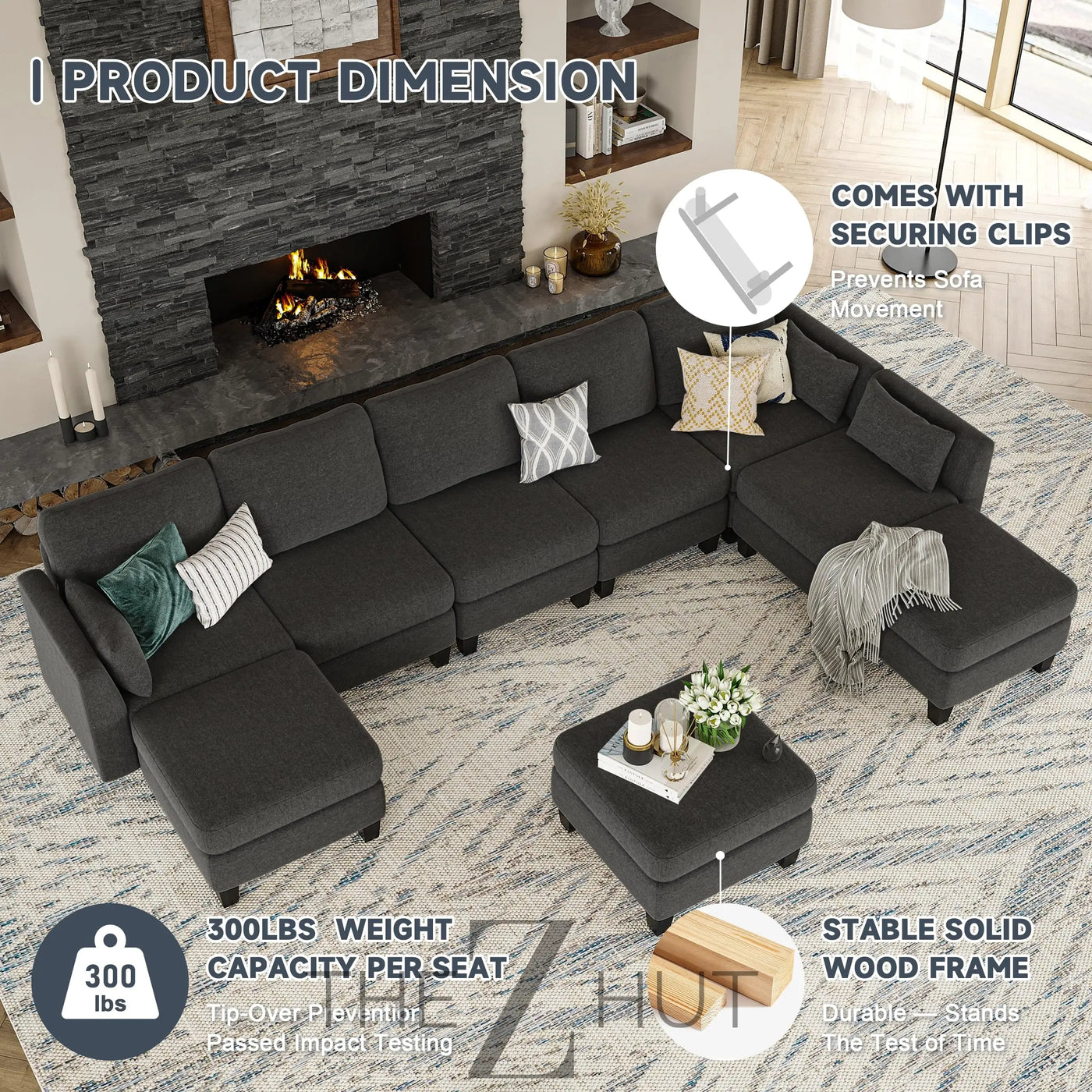 Modular Sectional Sofa, Convertible U Shaped Sofa Couch with High Density Memory Foam, 6 Seat Comfy Modular Sofa Couch for Living Room, Modern U Shaped Sectional Sofa, Dimgrey THE Z HUT