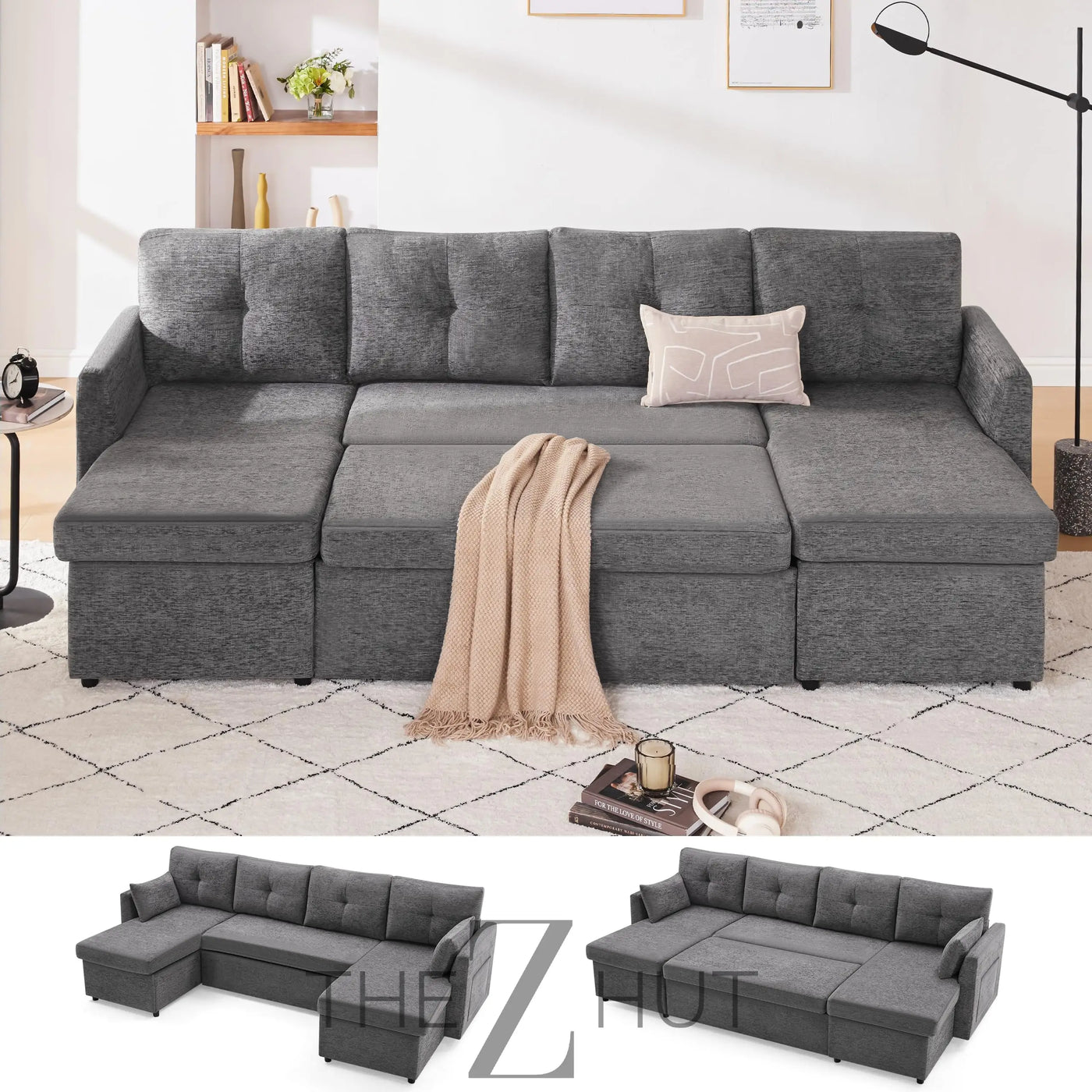 Oversized Sleeper Sofa Couch, 110 inch 2 in 1 Pullout Couch Bed with Double Storage Chaise, Sectional Sleeper Sofa Bed with Side Pocket for Living Room, Dark Grey THE Z HUT