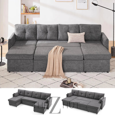 Oversized Sleeper Sofa Couch, 110 inch 2 in 1 Pullout Couch Bed with Double Storage Chaise, Sectional Sleeper Sofa Bed with Side Pocket for Living Room, Dark Grey THE Z HUT