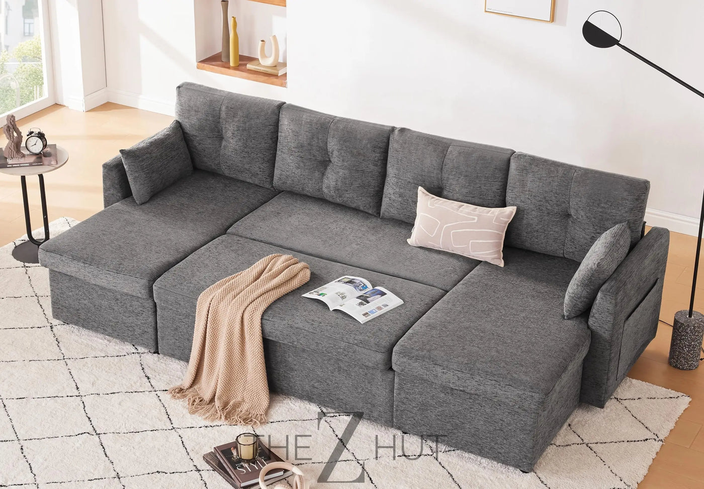 Oversized Sleeper Sofa Couch, 110 inch 2 in 1 Pullout Couch Bed with Double Storage Chaise, Sectional Sleeper Sofa Bed with Side Pocket for Living Room, Dark Grey THE Z HUT