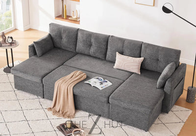 Oversized Sleeper Sofa Couch, 110 inch 2 in 1 Pullout Couch Bed with Double Storage Chaise, Sectional Sleeper Sofa Bed with Side Pocket for Living Room, Dark Grey THE Z HUT