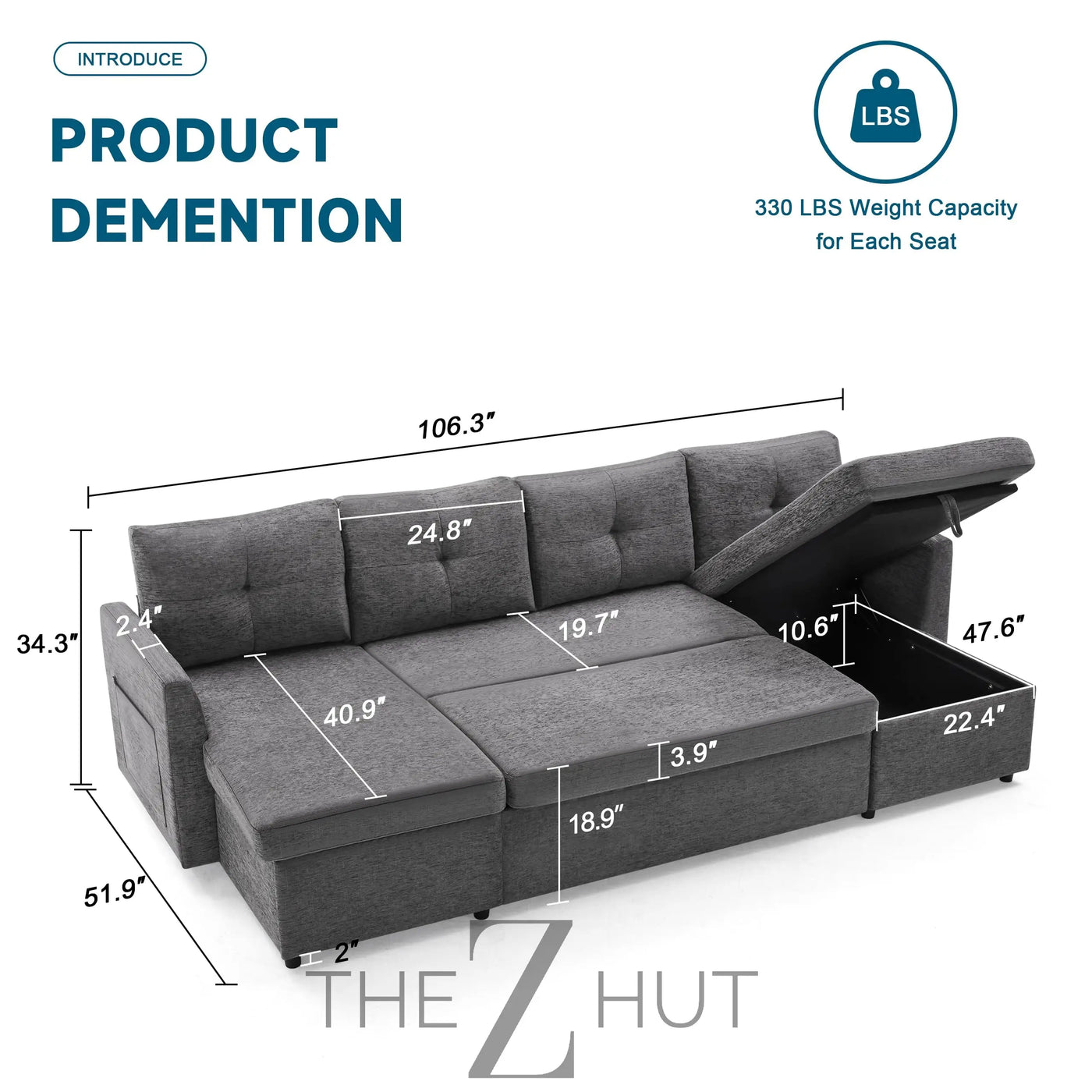 Oversized Sleeper Sofa Couch, 110 inch 2 in 1 Pullout Couch Bed with Double Storage Chaise, Sectional Sleeper Sofa Bed with Side Pocket for Living Room, Dark Grey THE Z HUT