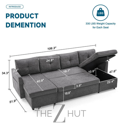Oversized Sleeper Sofa Couch, 110 inch 2 in 1 Pullout Couch Bed with Double Storage Chaise, Sectional Sleeper Sofa Bed with Side Pocket for Living Room, Dark Grey THE Z HUT