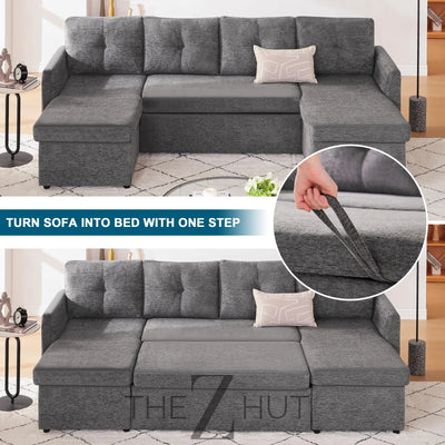 Oversized Sleeper Sofa Couch, 110 inch 2 in 1 Pullout Couch Bed with Double Storage Chaise, Sectional Sleeper Sofa Bed with Side Pocket for Living Room, Dark Grey THE Z HUT
