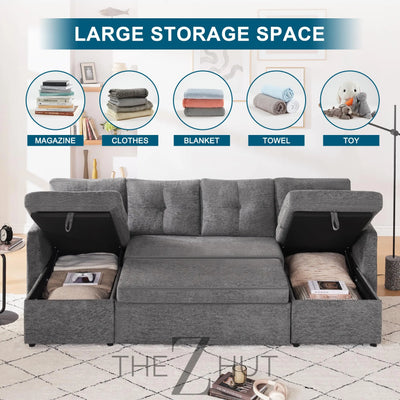 Oversized Sleeper Sofa Couch, 110 inch 2 in 1 Pullout Couch Bed with Double Storage Chaise, Sectional Sleeper Sofa Bed with Side Pocket for Living Room, Dark Grey THE Z HUT