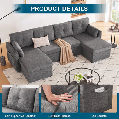 Oversized Sleeper Sofa Couch, 110 inch 2 in 1 Pullout Couch Bed with Double Storage Chaise, Sectional Sleeper Sofa Bed with Side Pocket for Living Room, Dark Grey THE Z HUT
