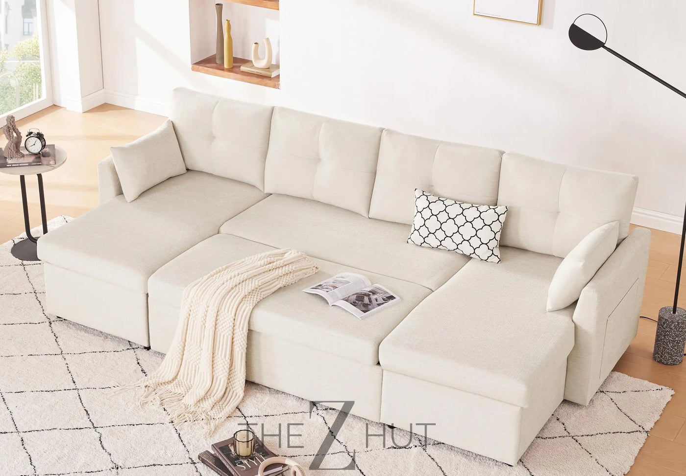 Oversized Sleeper Sofa Couch, 110 inch 2 in 1 Pullout Couch Bed with Double Storage Chaise, Sectional Sleeper Sofa Bed with Side Pocket for Living Room, Dark Grey THE Z HUT