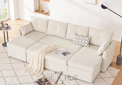 Oversized Sleeper Sofa Couch, 110 inch 2 in 1 Pullout Couch Bed with Double Storage Chaise, Sectional Sleeper Sofa Bed with Side Pocket for Living Room, Dark Grey THE Z HUT