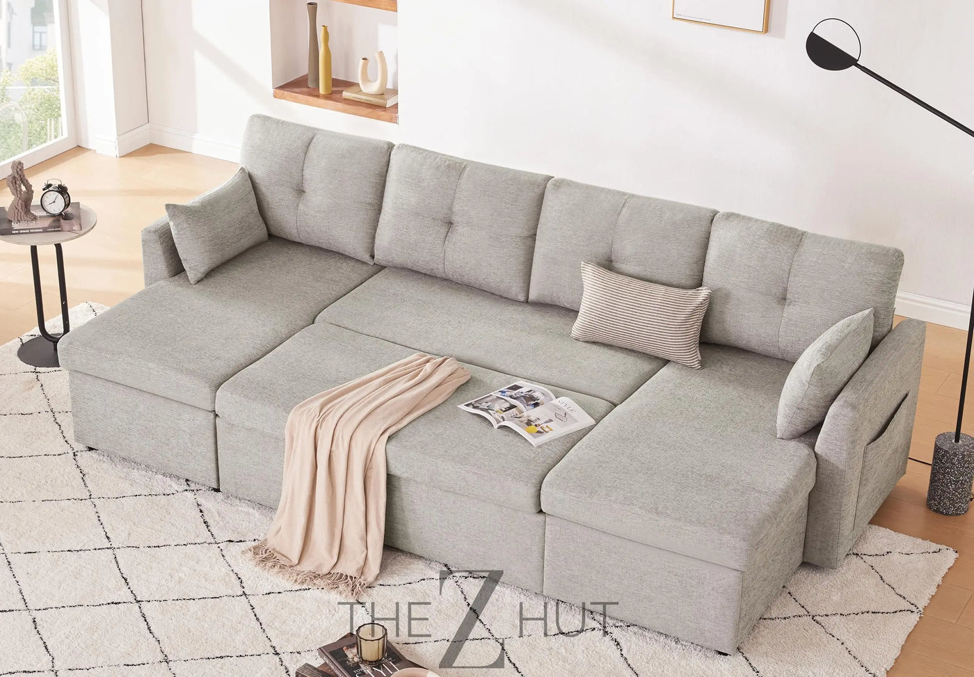 Oversized Sleeper Sofa Couch, 110 inch 2 in 1 Pullout Couch Bed with Double Storage Chaise, Sectional Sleeper Sofa Bed with Side Pocket for Living Room, Dark Grey THE Z HUT