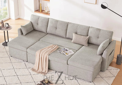 Oversized Sleeper Sofa Couch, 110 inch 2 in 1 Pullout Couch Bed with Double Storage Chaise, Sectional Sleeper Sofa Bed with Side Pocket for Living Room, Dark Grey THE Z HUT