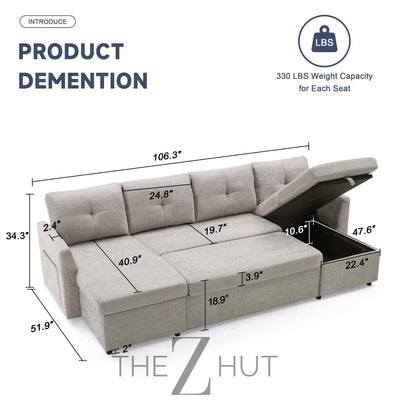 Oversized Sleeper Sofa Couch, 110 inch 2 in 1 Pullout Couch Bed with Double Storage Chaise, Sectional Sleeper Sofa Bed with Side Pocket for Living Room, Dark Grey THE Z HUT