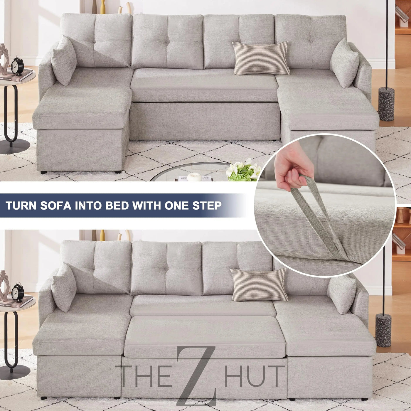Oversized Sleeper Sofa Couch, 110 inch 2 in 1 Pullout Couch Bed with Double Storage Chaise, Sectional Sleeper Sofa Bed with Side Pocket for Living Room, Dark Grey THE Z HUT