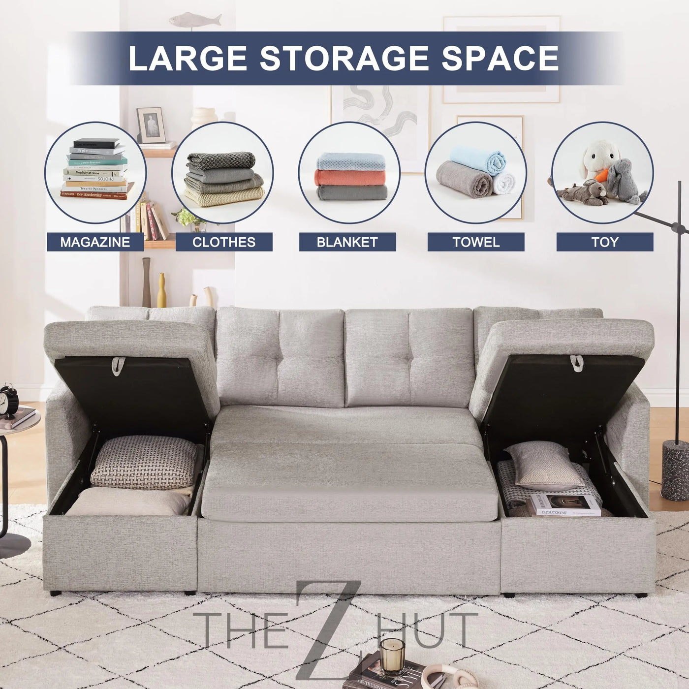 Oversized Sleeper Sofa Couch, 110 inch 2 in 1 Pullout Couch Bed with Double Storage Chaise, Sectional Sleeper Sofa Bed with Side Pocket for Living Room, Dark Grey THE Z HUT