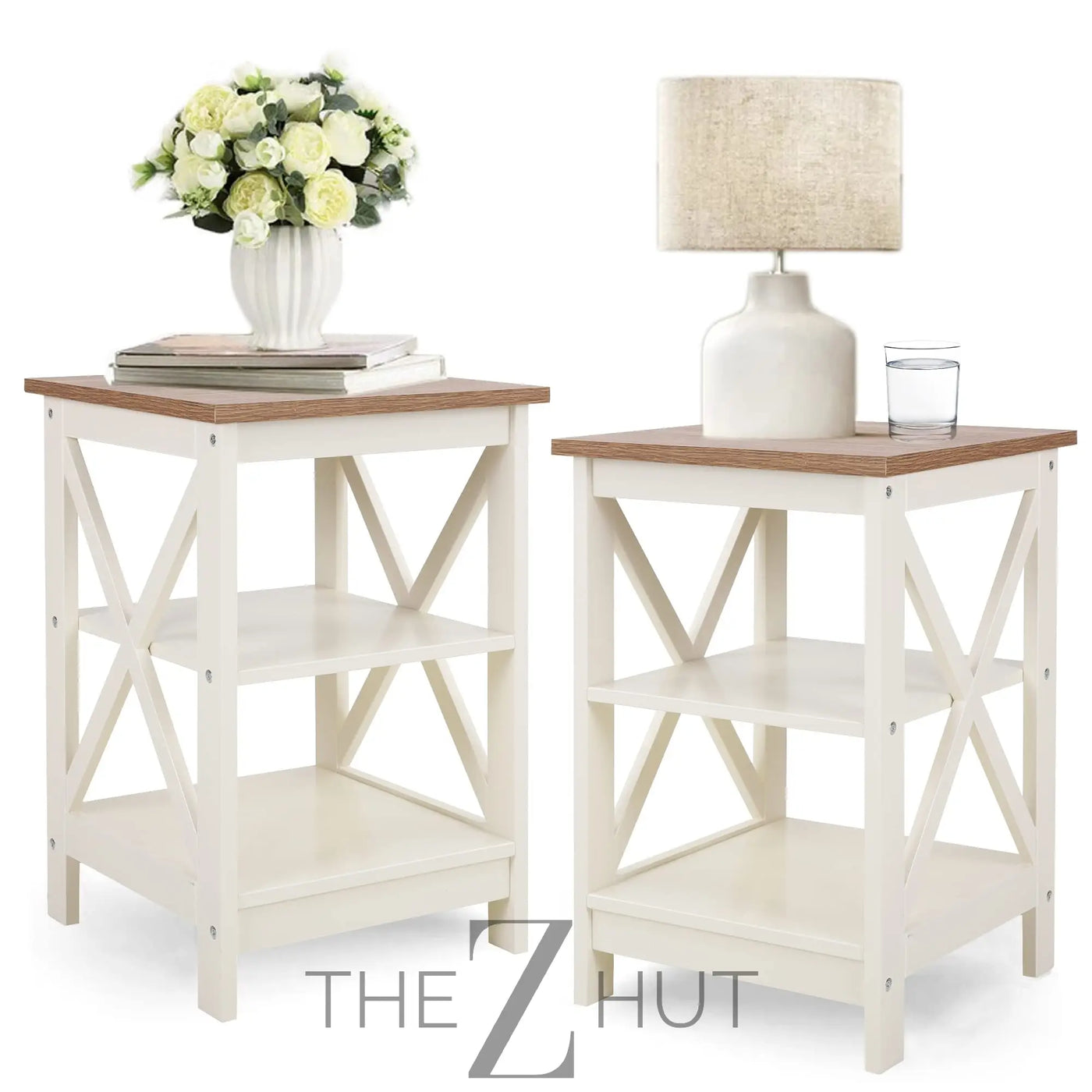 PHI VILLA End Table Living Room Set of 2 - Farmhouse Bed Side Table Nightstands for Bedroom, Ivory White Small Side Table THE Z HUT
