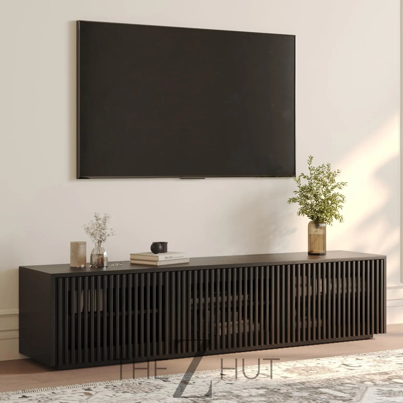 POVISON Mid Century Modern Wood Slatted TV Stand with LED Lights, Media Console for 85+ Inch TV, Entertainment Center with Storage Cabinet for Living Room, Fully-Assembled (Dark Wood, 118.11") THE Z HUT