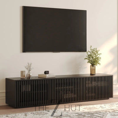 POVISON Mid Century Modern Wood Slatted TV Stand with LED Lights, Media Console for 85+ Inch TV, Entertainment Center with Storage Cabinet for Living Room, Fully-Assembled (Dark Wood, 118.11") THE Z HUT