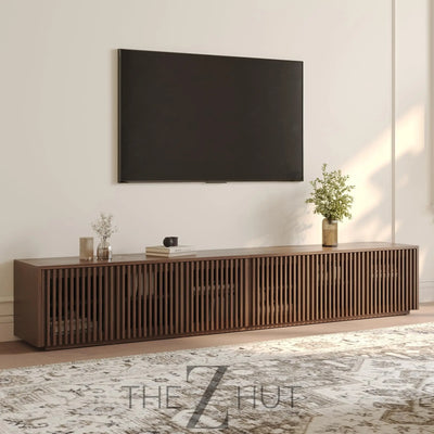 POVISON Mid Century Modern Wood Slatted TV Stand with LED Lights, Media Console for 85+ Inch TV, Entertainment Center with Storage Cabinet for Living Room, Fully-Assembled (Dark Wood, 118.11") THE Z HUT