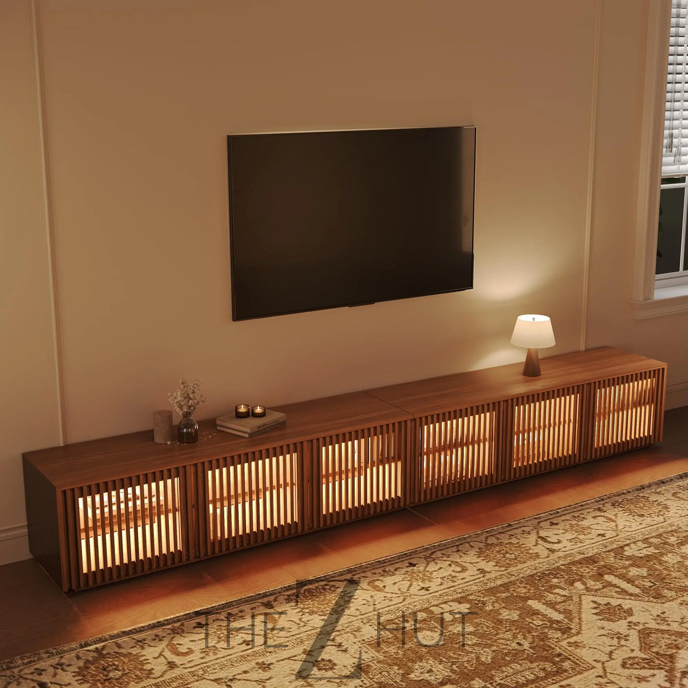 POVISON Mid Century Modern Wood Slatted TV Stand with LED Lights, Media Console for 85+ Inch TV, Entertainment Center with Storage Cabinet for Living Room, Fully-Assembled (Dark Wood, 118.11") THE Z HUT