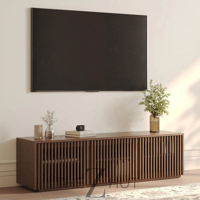 POVISON Mid Century Modern Wood Slatted TV Stand with LED Lights, Media Console for 85+ Inch TV, Entertainment Center with Storage Cabinet for Living Room, Fully-Assembled (Dark Wood, 118.11") THE Z HUT