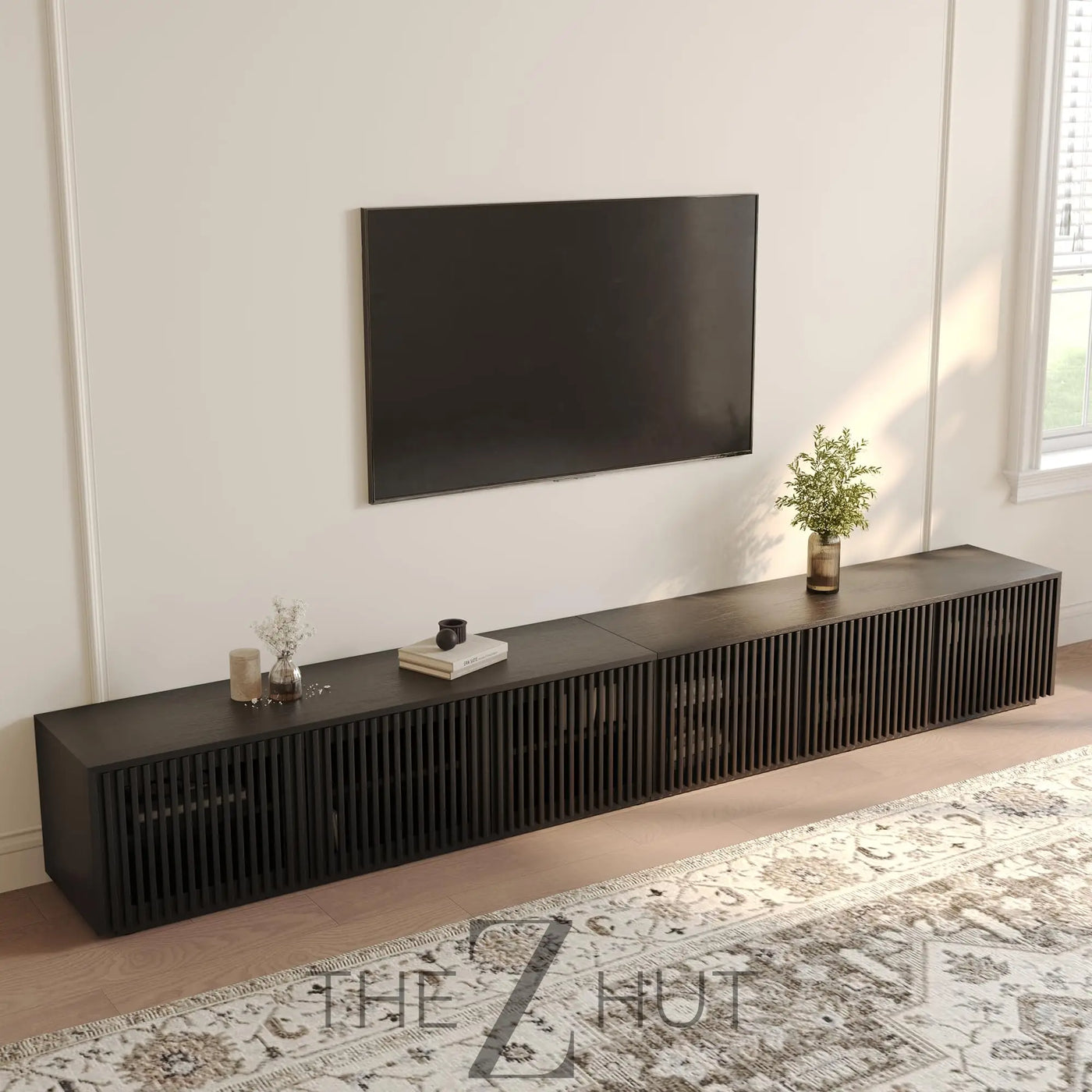POVISON Mid Century Modern Wood Slatted TV Stand with LED Lights, Media Console for 85+ Inch TV, Entertainment Center with Storage Cabinet for Living Room, Fully-Assembled (Dark Wood, 118.11") THE Z HUT