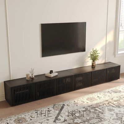 POVISON Mid Century Modern Wood Slatted TV Stand with LED Lights, Media Console for 85+ Inch TV, Entertainment Center with Storage Cabinet for Living Room, Fully-Assembled (Dark Wood, 118.11") THE Z HUT