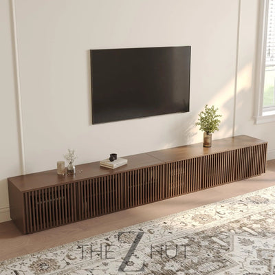 POVISON Mid Century Modern Wood Slatted TV Stand with LED Lights, Media Console for 85+ Inch TV, Entertainment Center with Storage Cabinet for Living Room, Fully-Assembled (Dark Wood, 118.11") THE Z HUT