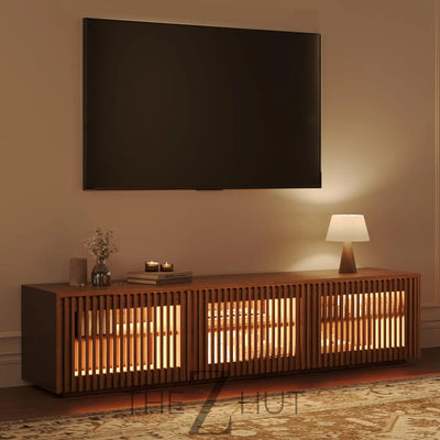 POVISON Mid Century Modern Wood Slatted TV Stand with LED Lights, Media Console for 85+ Inch TV, Entertainment Center with Storage Cabinet for Living Room, Fully-Assembled (Dark Wood, 118.11") THE Z HUT