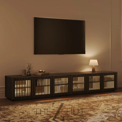 POVISON Mid Century Modern Wood Slatted TV Stand with LED Lights, Media Console for 85+ Inch TV, Entertainment Center with Storage Cabinet for Living Room, Fully-Assembled (Dark Wood, 118.11") THE Z HUT