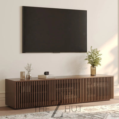 POVISON Mid Century Modern Wood Slatted TV Stand with LED Lights, Media Console for 85+ Inch TV, Entertainment Center with Storage Cabinet for Living Room, Fully-Assembled (Dark Wood, 118.11") THE Z HUT
