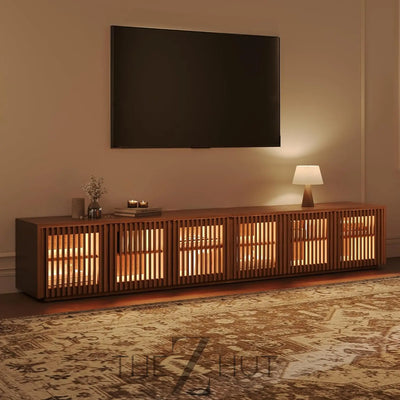 POVISON Mid Century Modern Wood Slatted TV Stand with LED Lights, Media Console for 85+ Inch TV, Entertainment Center with Storage Cabinet for Living Room, Fully-Assembled (Dark Wood, 118.11") THE Z HUT