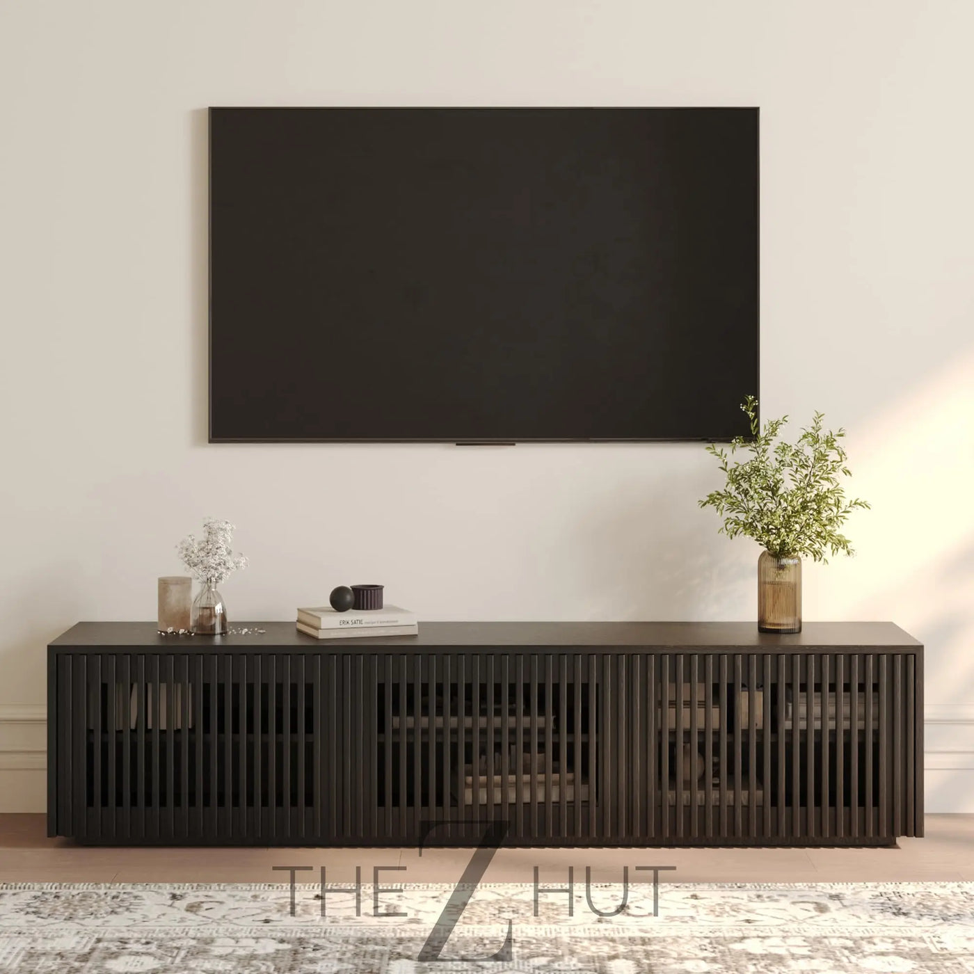POVISON Mid Century Modern Wood Slatted TV Stand with LED Lights, Media Console for 85+ Inch TV, Entertainment Center with Storage Cabinet for Living Room, Fully-Assembled (Dark Wood, 118.11") THE Z HUT